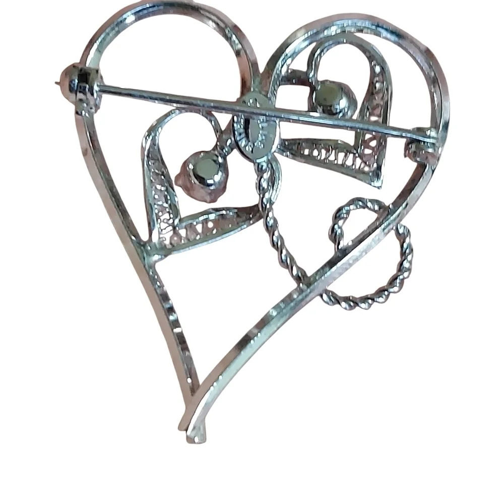 Vintage Sterling Silver Aurora Borealis Filigree Heart Brooch Pin